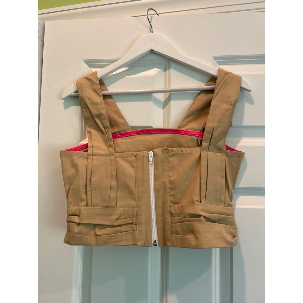 KOCH Crisscross Pleated Crop Top Tank Wide Strap Khaki Tan Size S - Picture 3 of 5